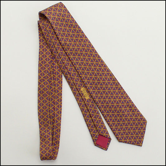 RDC13791 Authentic HERMES Red/Gold Blue Petals 7253 MA Silk Tie