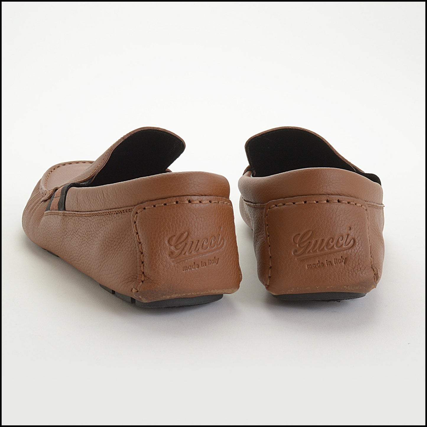 RDC14639 GUCCI Men's Brown Soft Calfskin Web Driving Loafers Size 8.5