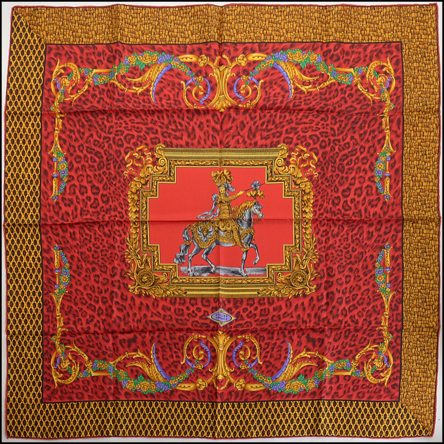 RDC14800 GIANNI VERSACE Vintage Red/Gold Horse & Rider Silk Scarf