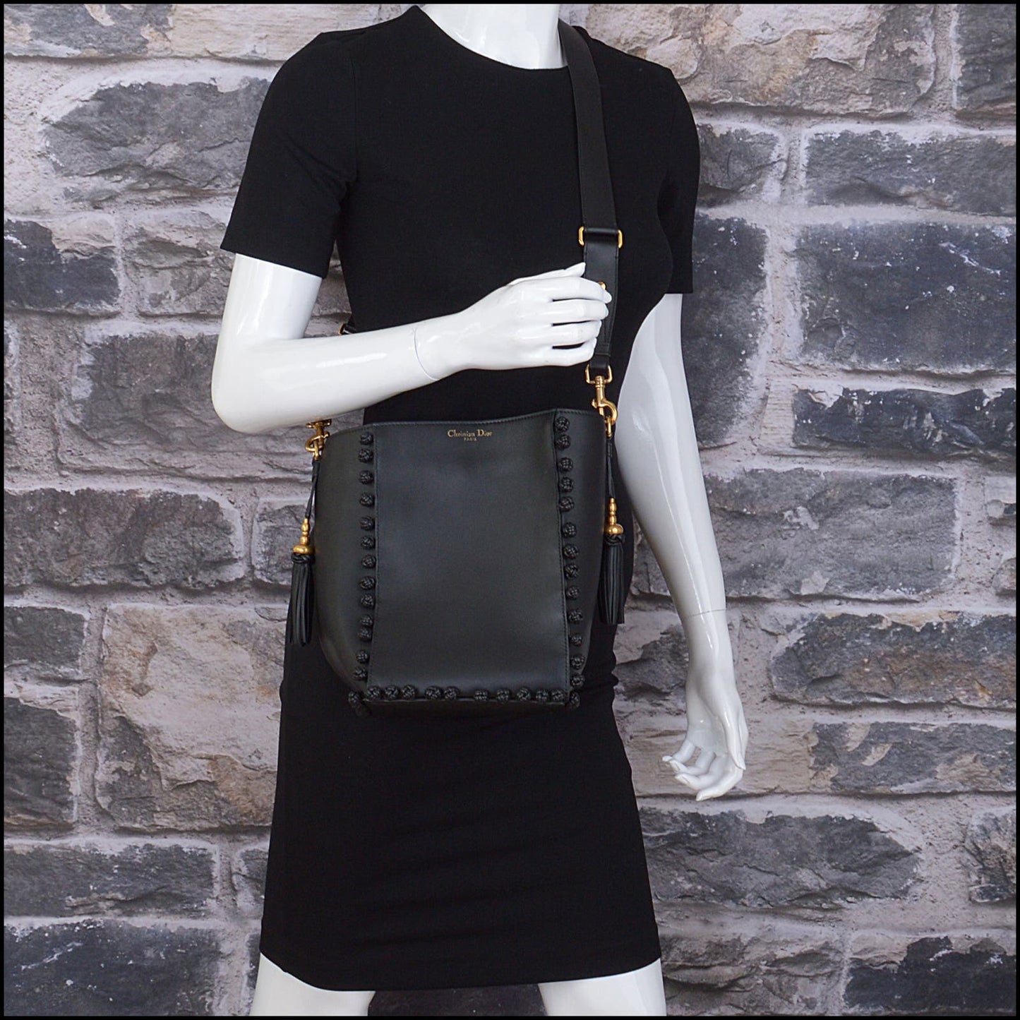 RDC13863 Authentic DIOR Black Leather Knotted Hobo Bucket Bag