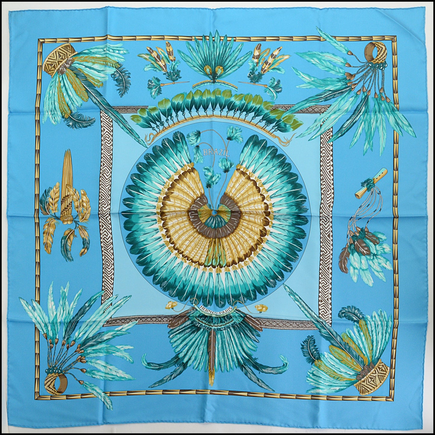 RDC14791 HERMES "Brazil" Feather Headdress Silk Scarf 90
