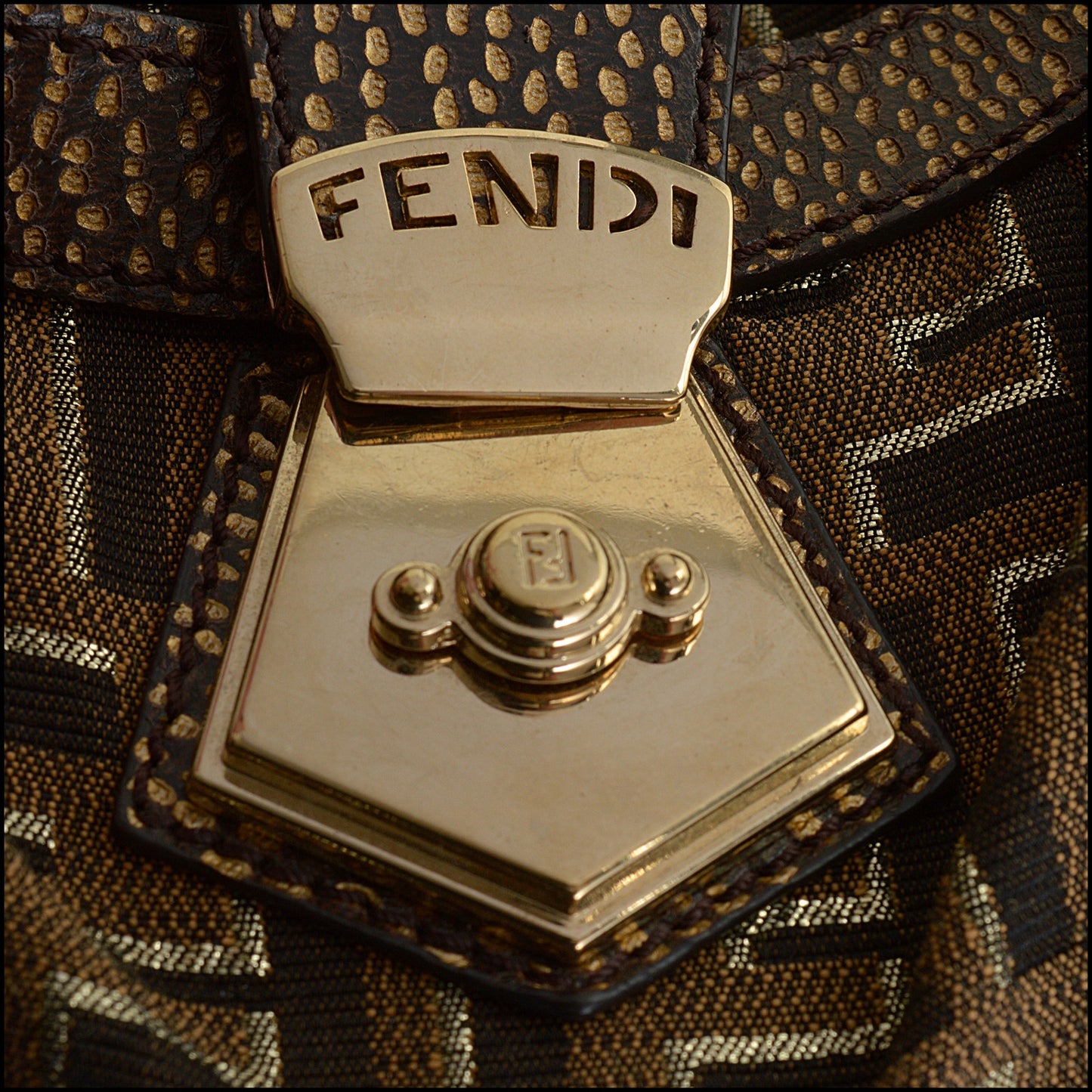 RDC14491 Fendi Gold Metallic Brown Zucca FF Logo Canvas Chef Shoulder Bag