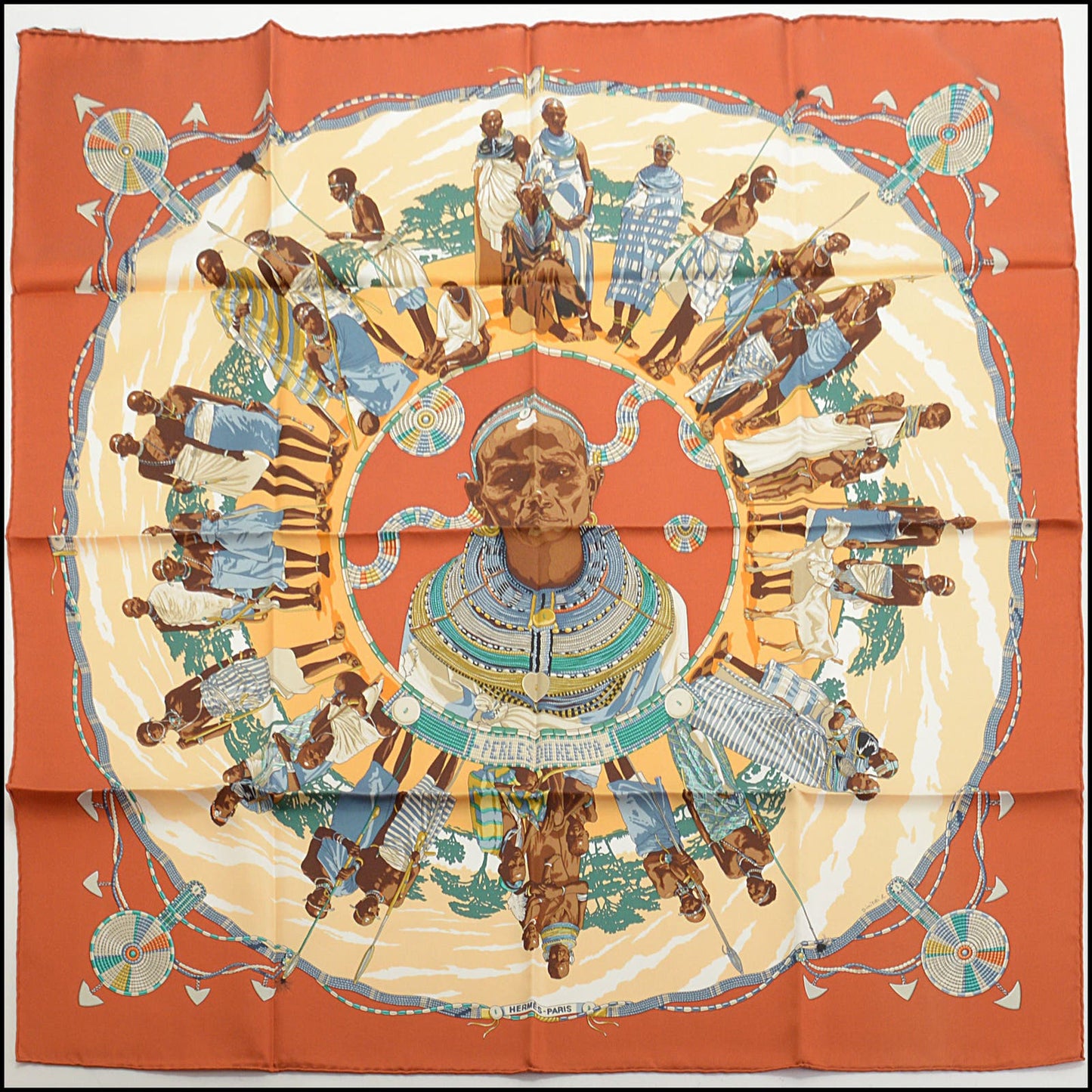 RDC13869 Authentic HERMES Vintage Orange-Red Perles du Kenya 90cm Silk Scarf