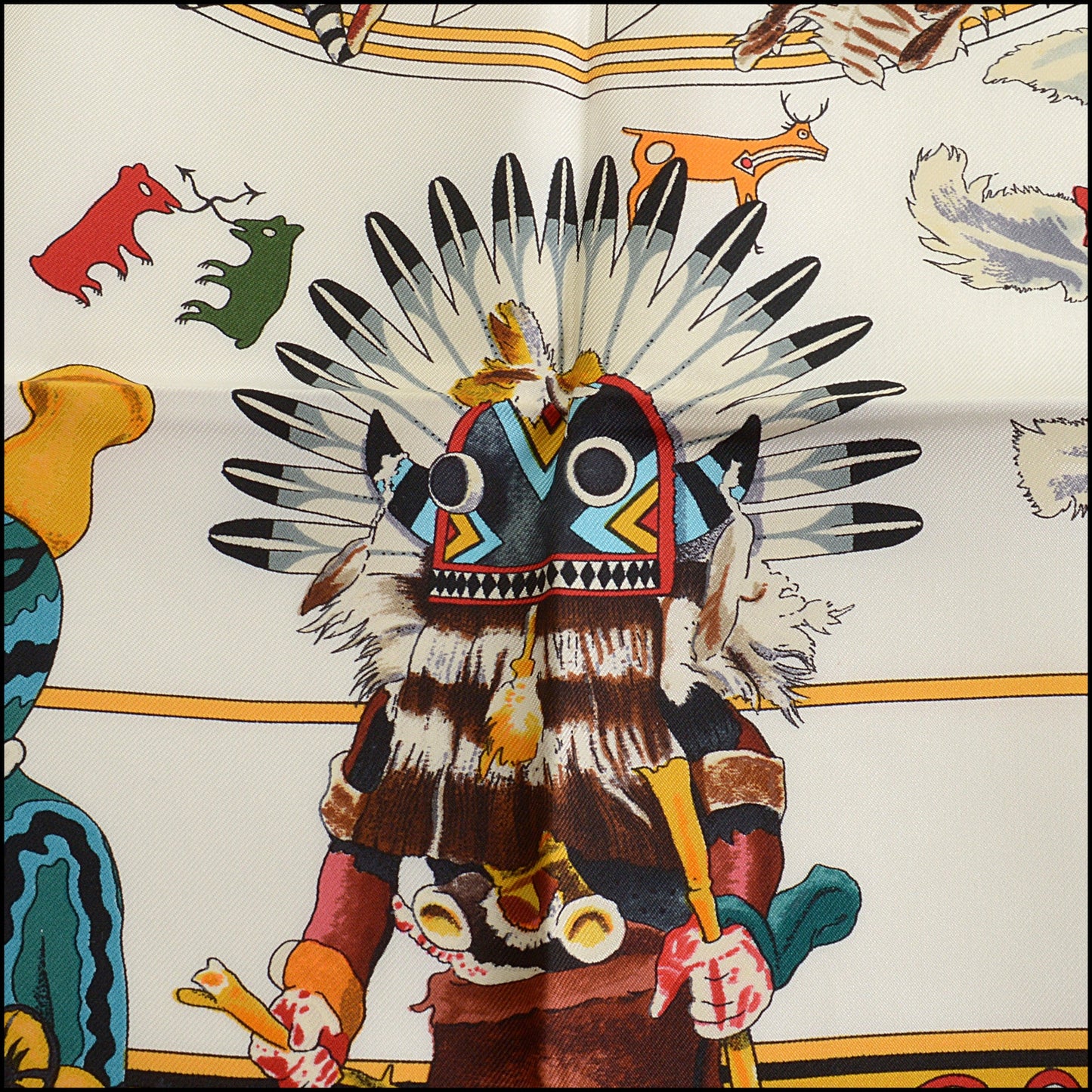 RDC14892 HERMES Vintage White/Multi "Kachinas" 90cm Scarf Kermit Oliver