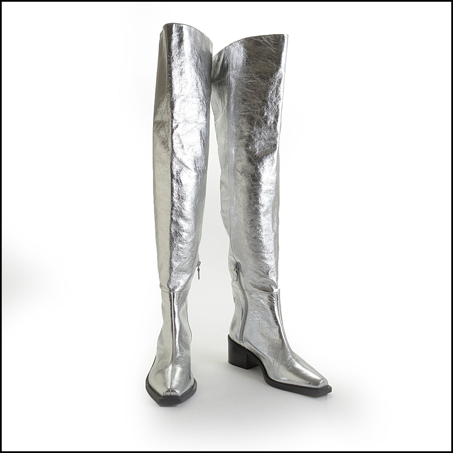 RDC14664 STUART WEITZMAN Silver Crushed Metallic Leather SWxAknvas Scrunch Boot Size 9.5B