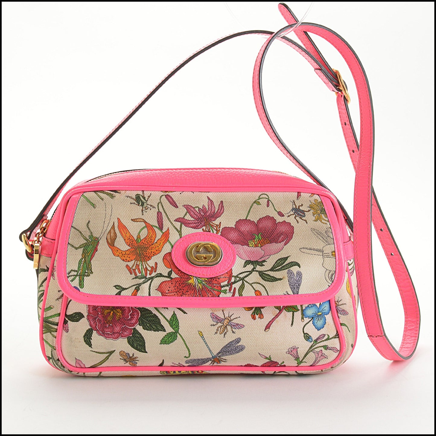 RDC14494 Gucci Fluorescent Pink Floral Canvas Crossbody Bag