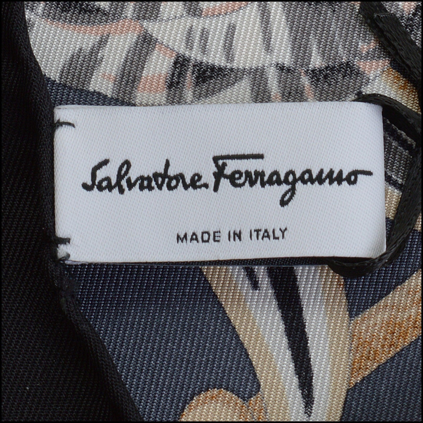 RDC14257 Authentic SALVATORE FERRAGAMO Black / Gold Flowers 90cm Silk Scarf
