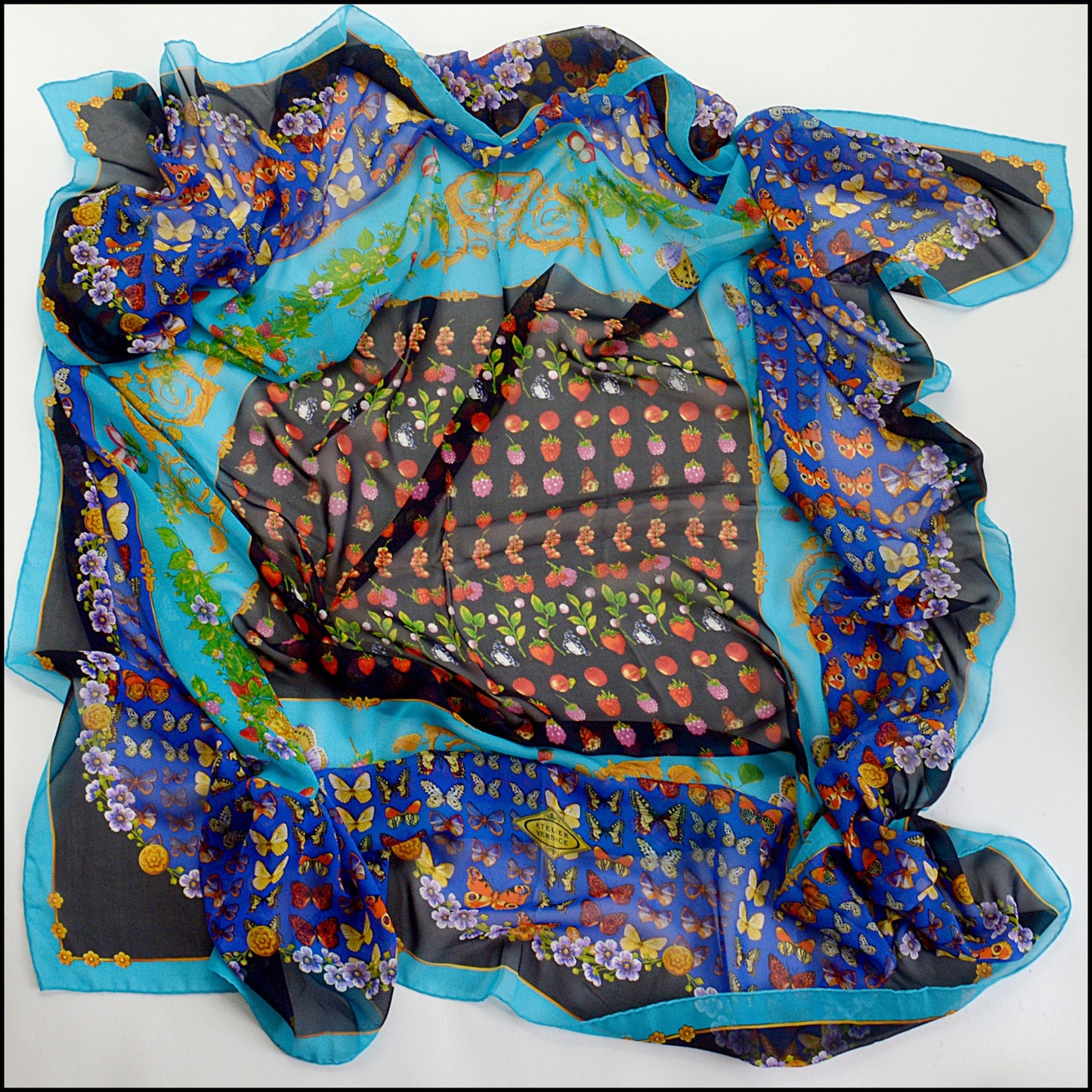 RDC14804 GIANNI VERSACE Vintage Butterflies/Fruits SIlk Chiffon Shawl Large Scarf