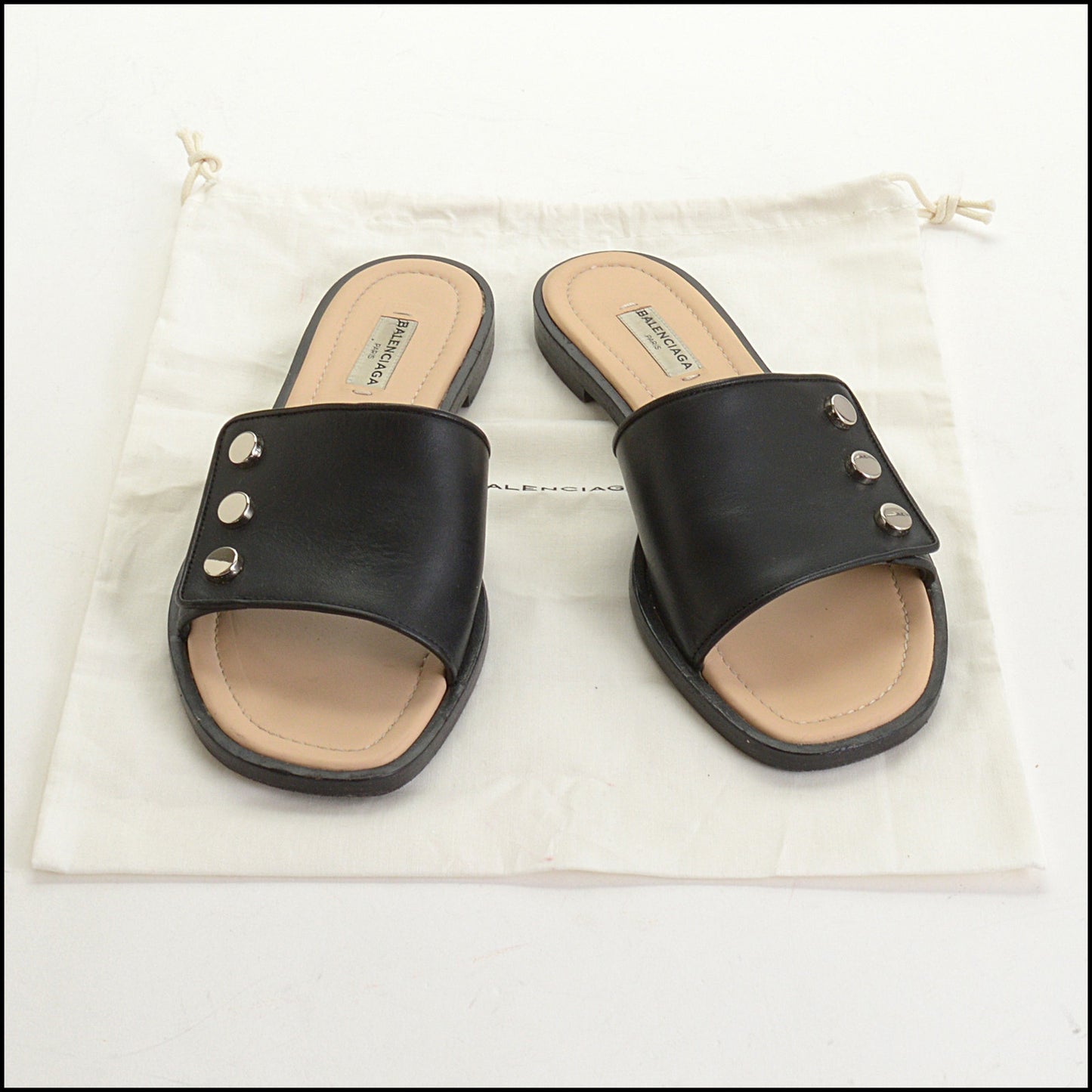 RDC14962 Authentic BALENCIAGA Black Leather Studded Accent Slides Size 38.5