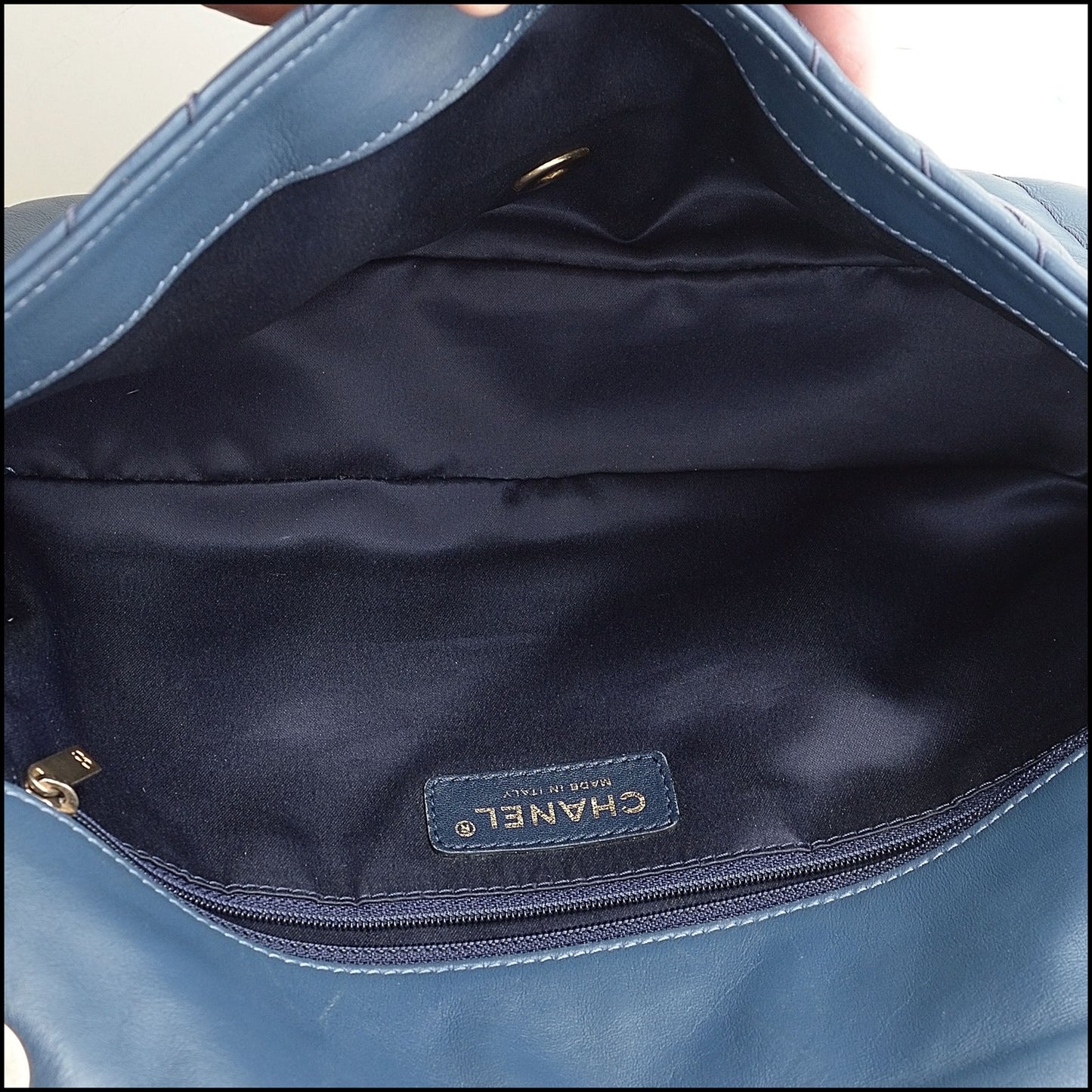 RDC14086 Authentic CHANEL '12 Blue Calfskin Leather Jumbo Chevron Medallion Single Flap Bag