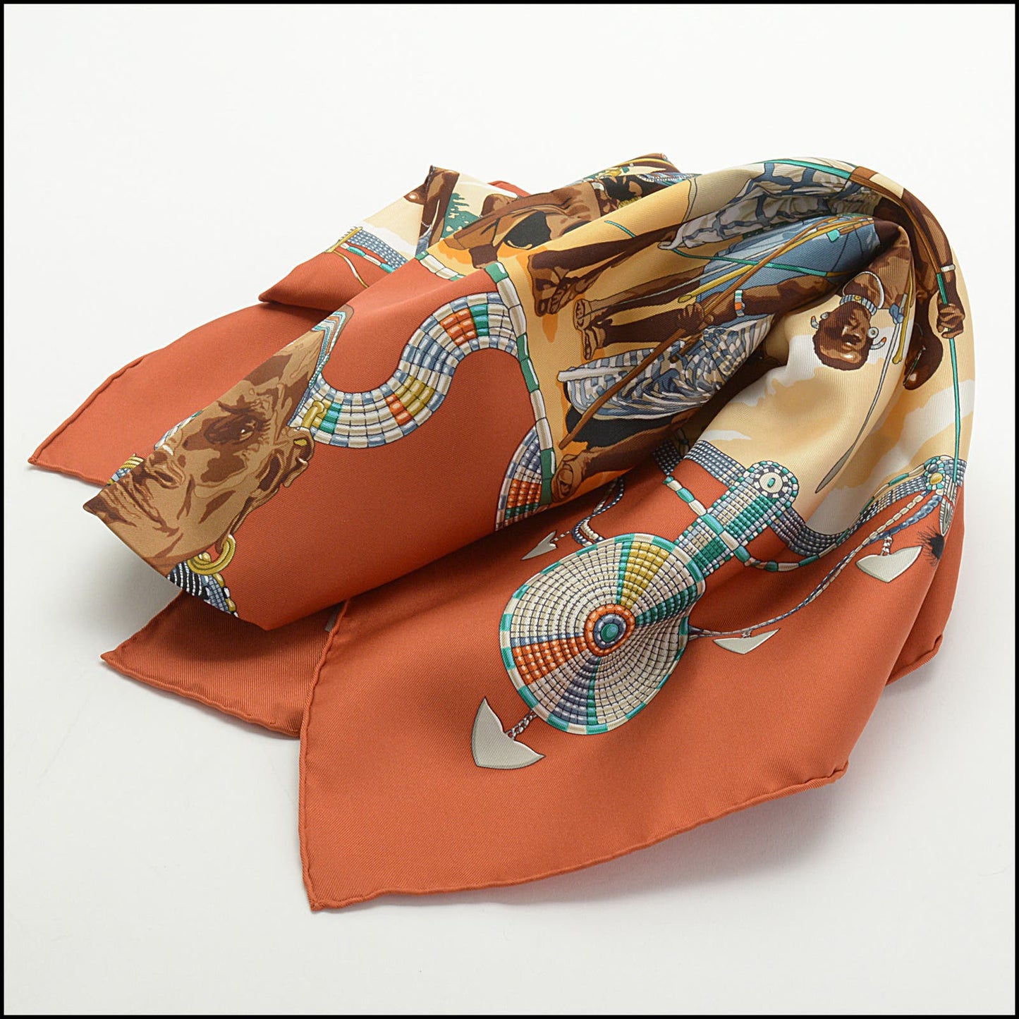RDC13869 Authentic HERMES Vintage Orange-Red Perles du Kenya 90cm Silk Scarf