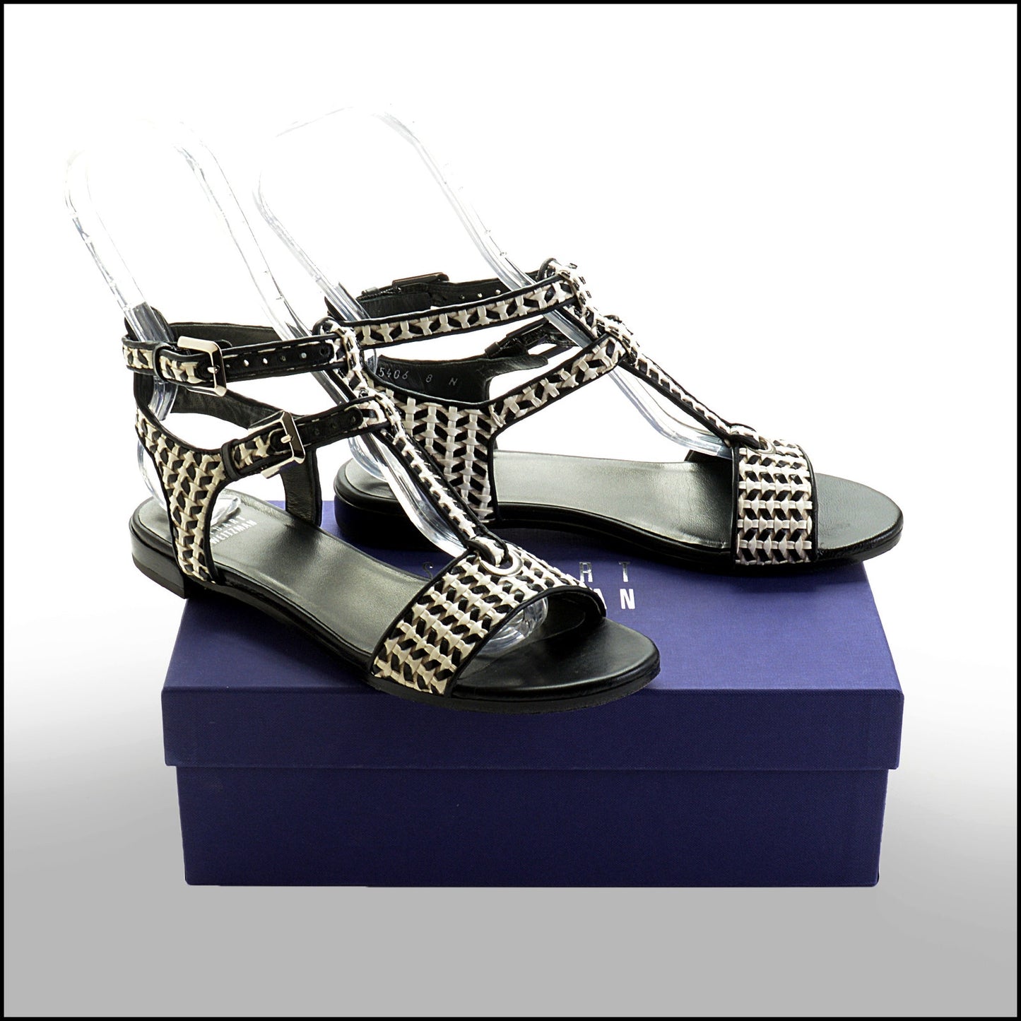 RDC14418 Stuart Weitzman Black & White Woven Leather Ankle Paso Sandals Size 8
