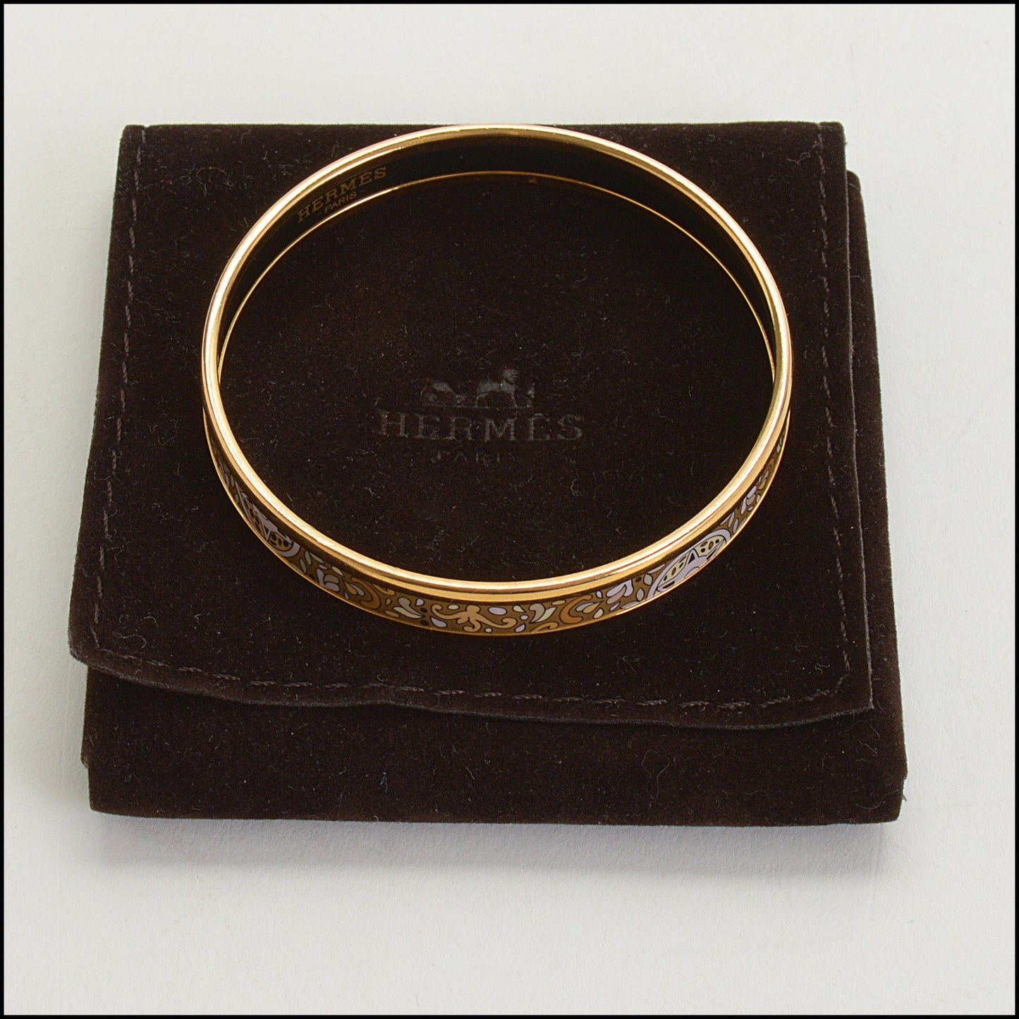 RDC14698 HERMES Gold Narrow Printed Enamel Bangle Size XS