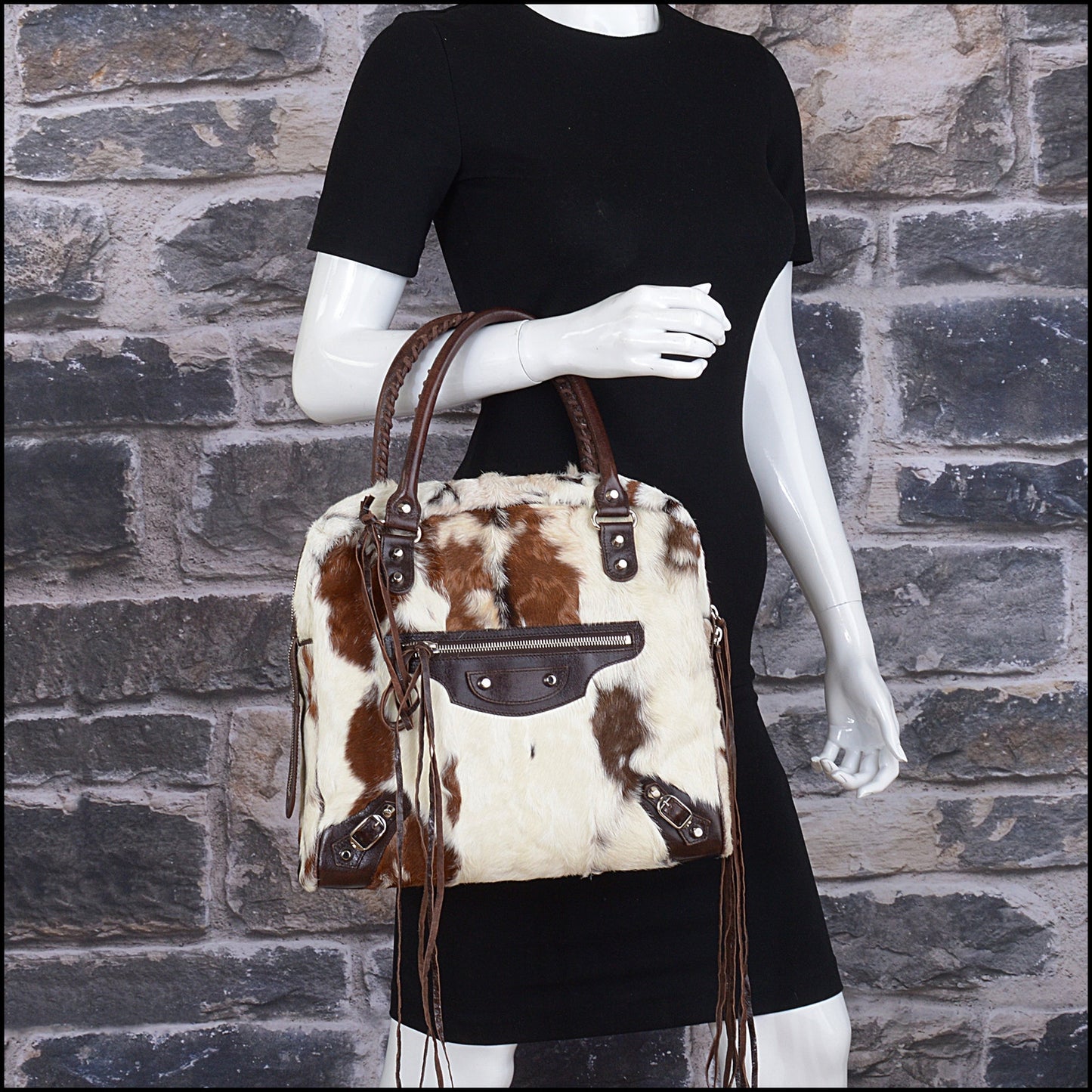 RDC15346 BALENCIAGA '06 Marron Dark Brown Whole Goat Chevre Leather and Fur Bowling Handbag