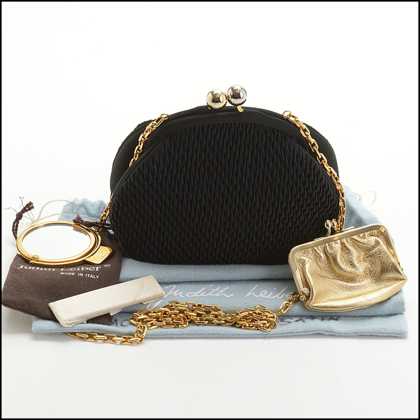 RDC13905 Authentic JUDITH LEIBER Vintage Black Pleated Satin Kiss Lock Bag