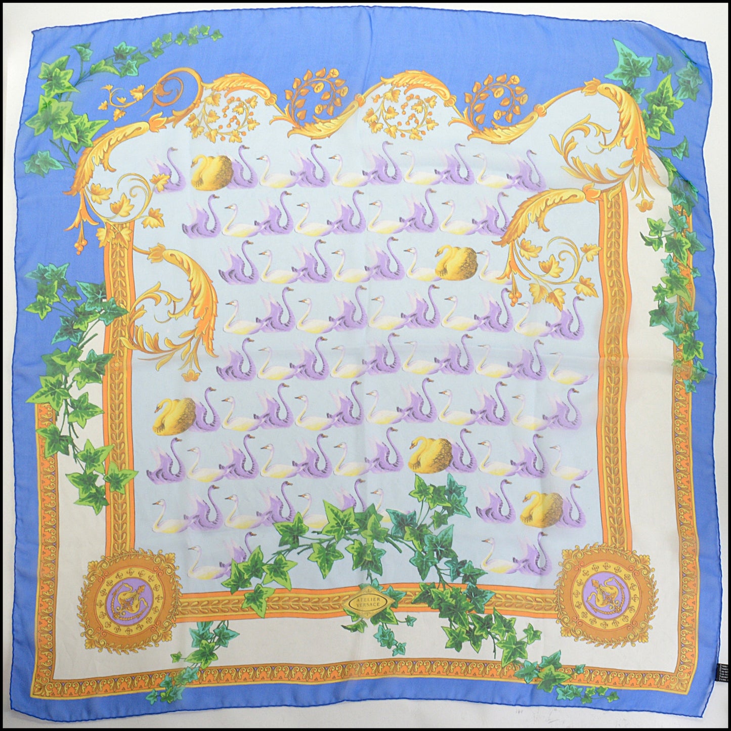 RDC14797 GIANNI VERSACE Vintage Blue Swans Silk Chiffon Scarf