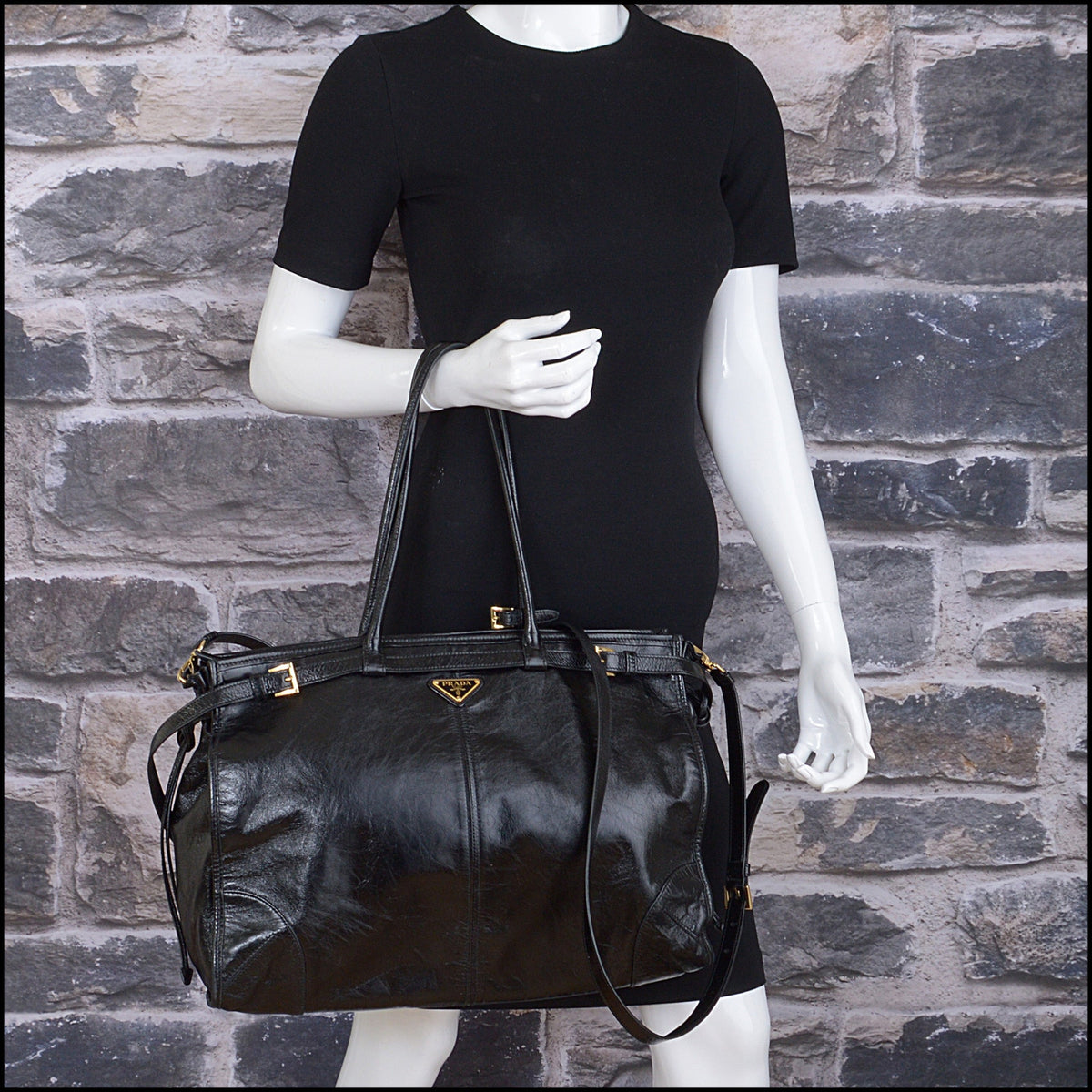 RDC15671 PRADA Black Glossy Calfskin Large Bonnie Bag