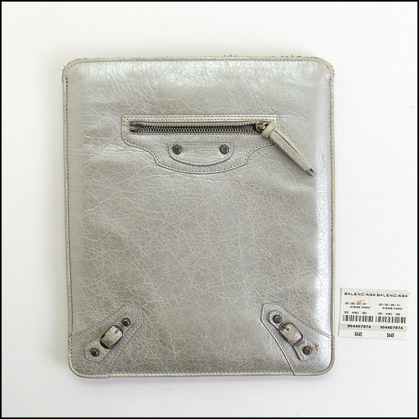 RDC14342 Authentic BALENCIAGA '14 Gray Metallic Silver Lambskin iPad Sleeve