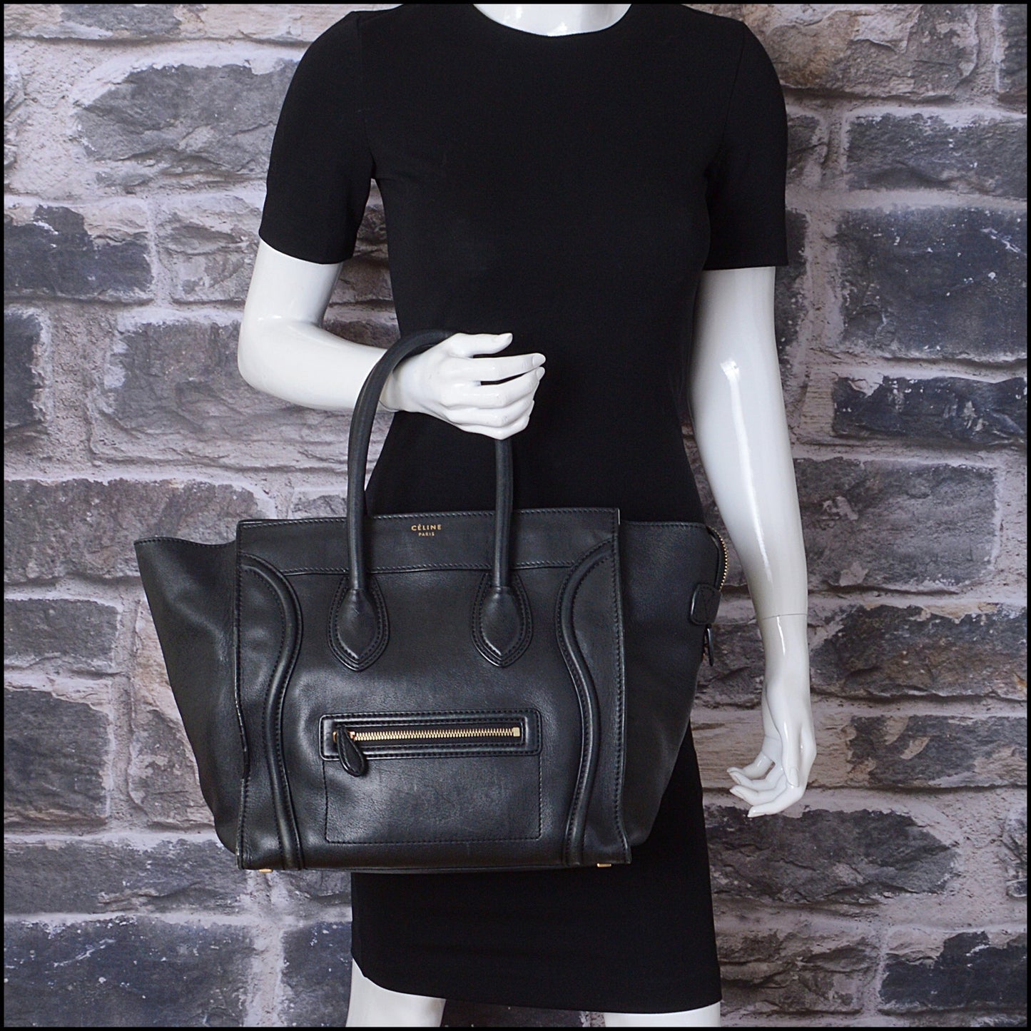 RDC14877 CELINE Black Leather Mini Luggage Tote Bag