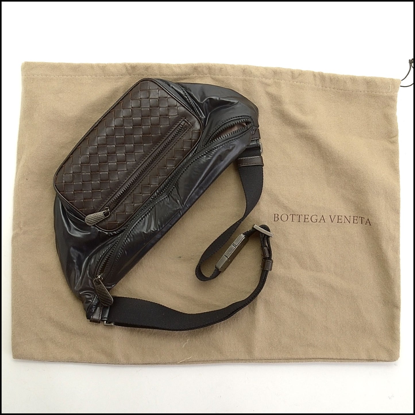 RDC14027 Authentic BOTTEGA VENETA Brown Leather & Black Nylon Fanny Pack