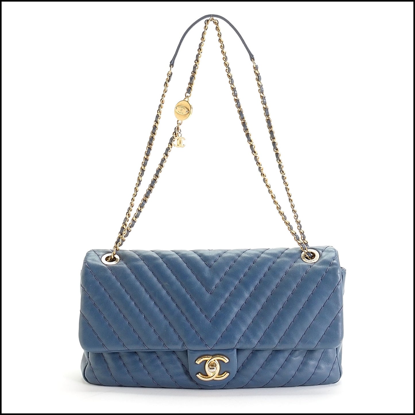 RDC14086 Authentic CHANEL '12 Blue Calfskin Leather Jumbo Chevron Medallion Single Flap Bag