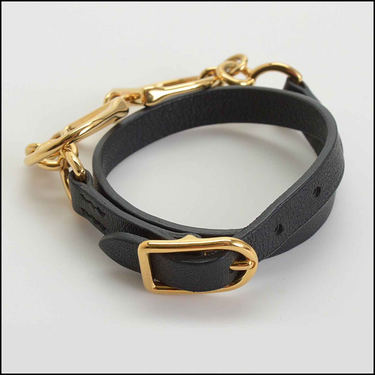 RDC14856 HERMES Black Leather Double Tour Etrier Bracelet