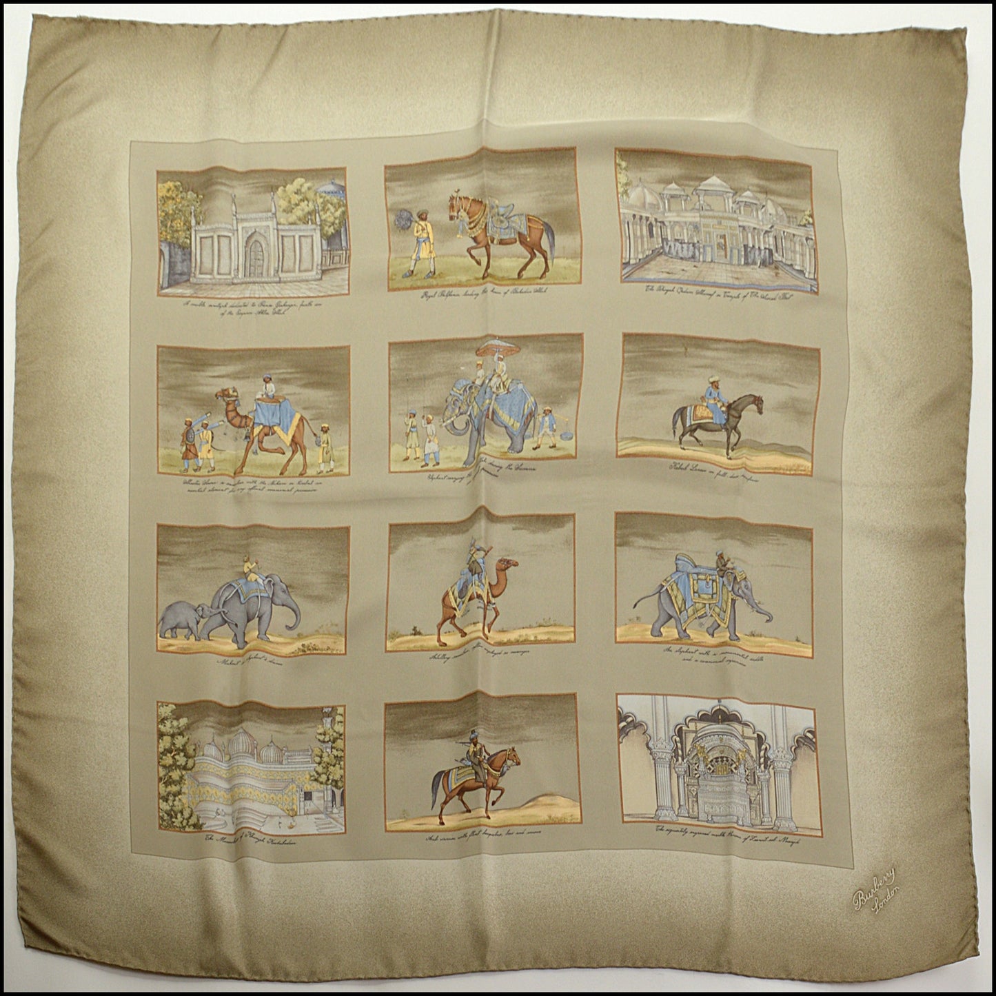 RDC15048 BURBERRY Taupe Snapshot Scenes India Motif Silk Square Scarf
