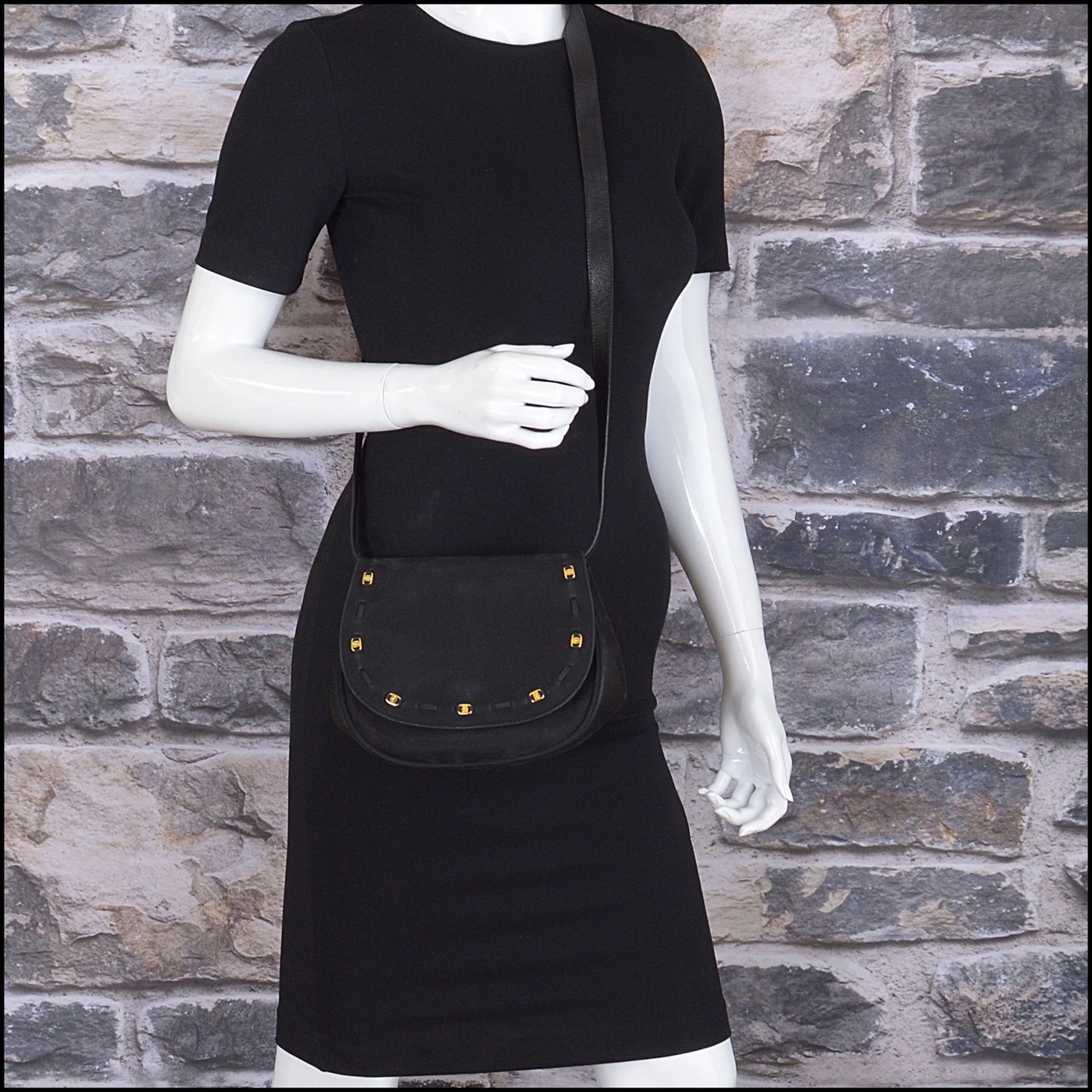 RDC15075 SALVATORE FERRAGAMO Black Suede & Leather Crossbody Bag