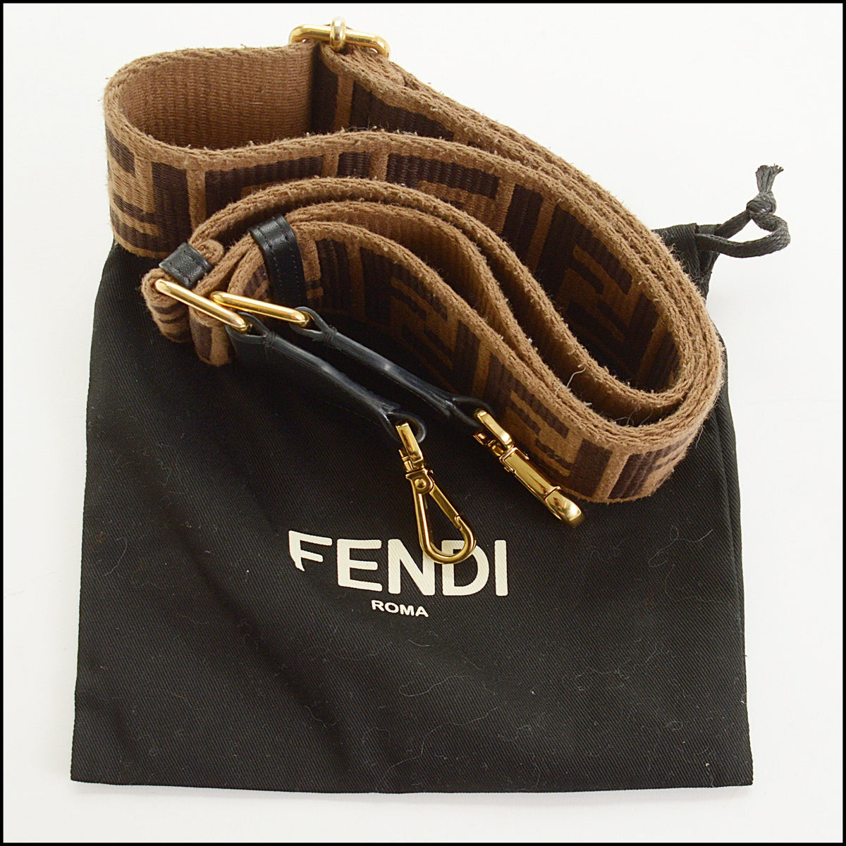 RDC15681 FENDI Brown Zucca Canvas & Black Leather FF Strap You Wide Shoulder Strap