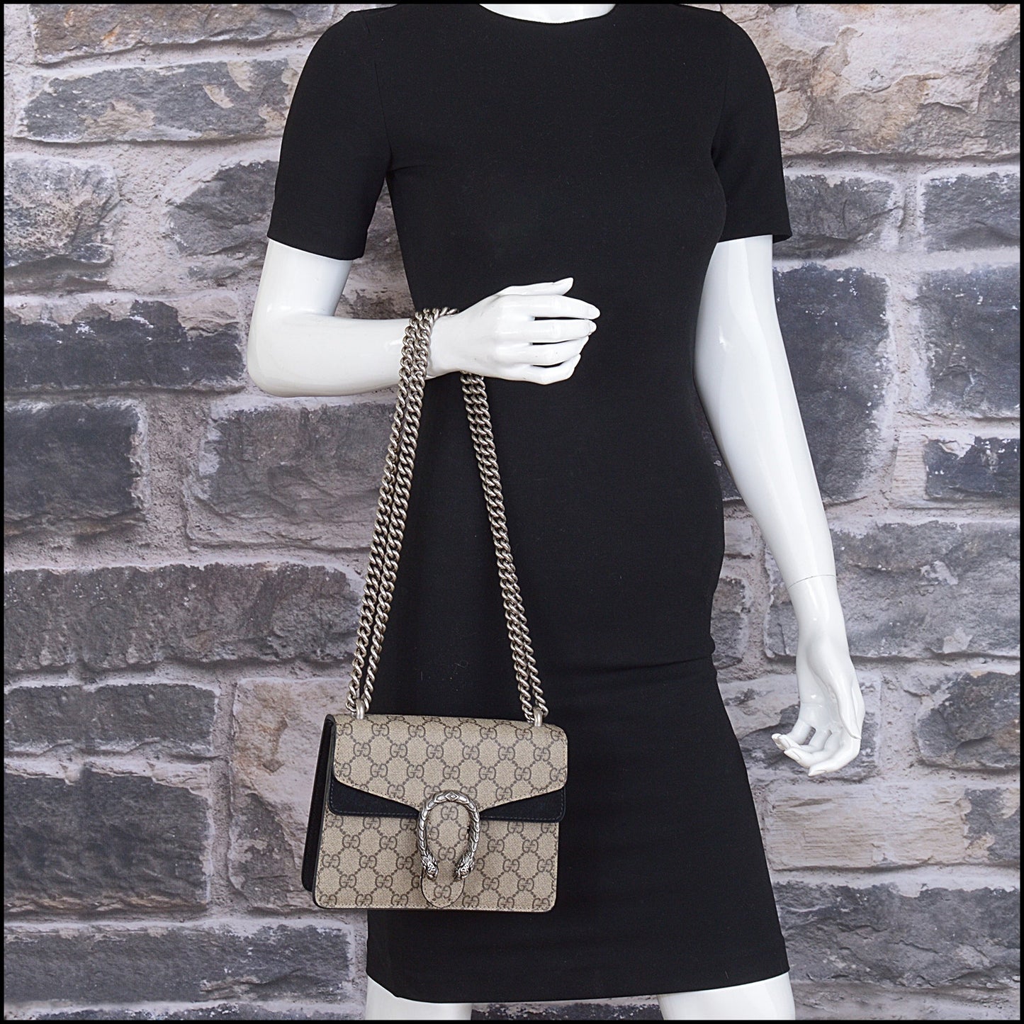 RDC15410 GUCCI Brown GG Supreme Canvas/Black Suede Dionysus Mini Bag