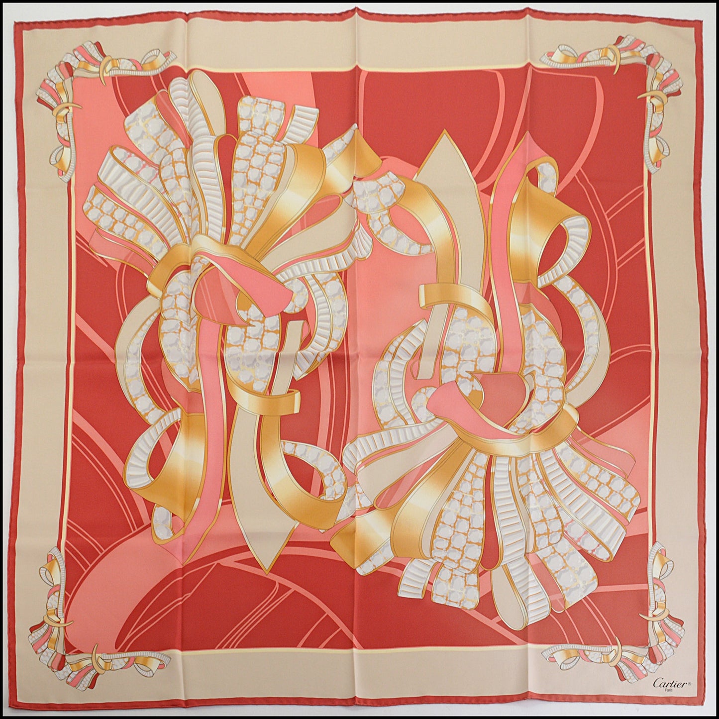 RDC14252 Authentic CARTIER Red / Beige / Gold Jeweled Ribbons 90cm Silk Scarf