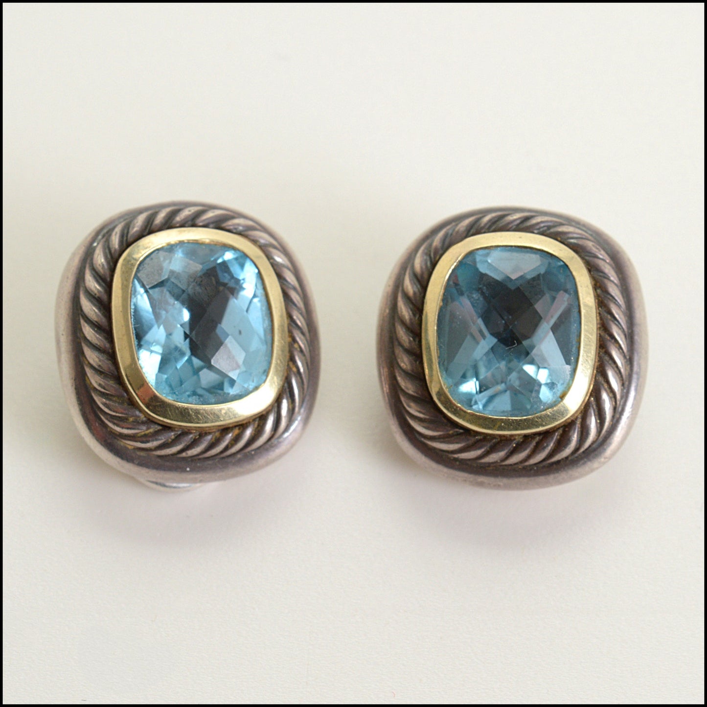 RDC14727 David Yurman Blue Topaz Sterling Silver & 18k Gold Albion Cable Omega-Post Earrings
