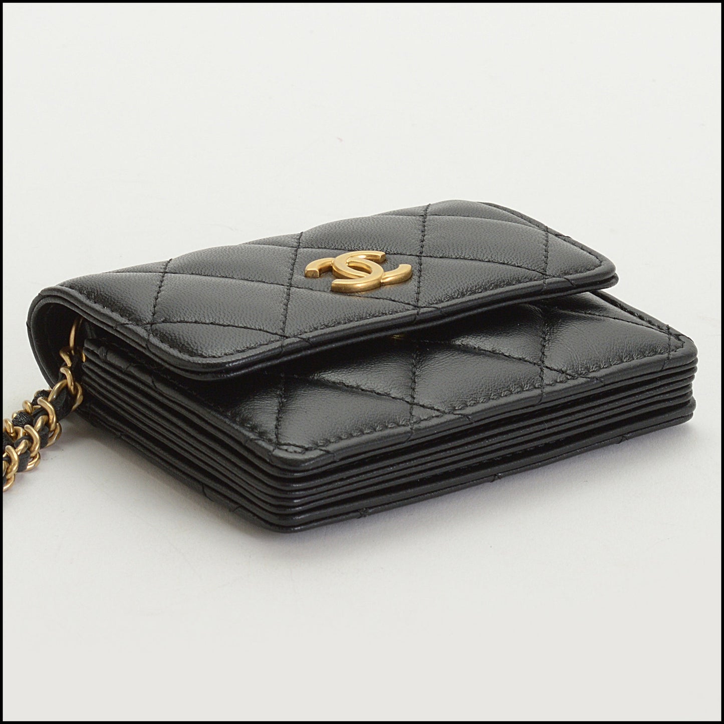 RDC14764 CHANEL '20 Black Lambskin Romance Ruffle Chain Card Wallet