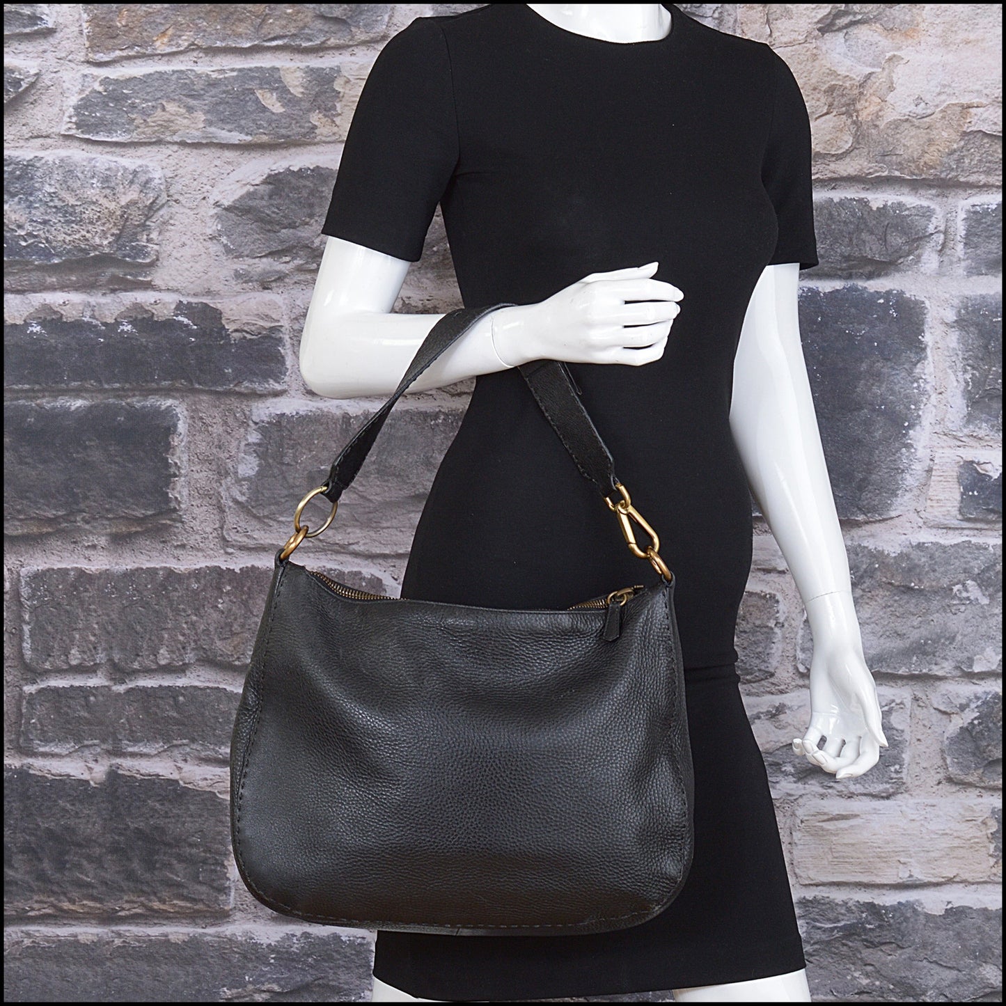 RDC15505 PRADA Black Pebbled Leather Hobo Bag