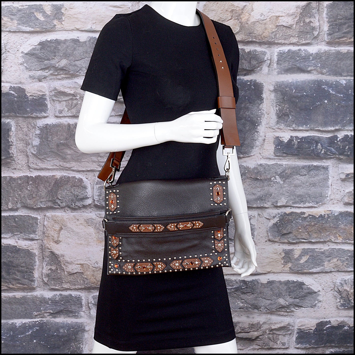 RDC14982 GIVENCHY Black/Brown Studded Fold-Over Clutch Shoulder Bag