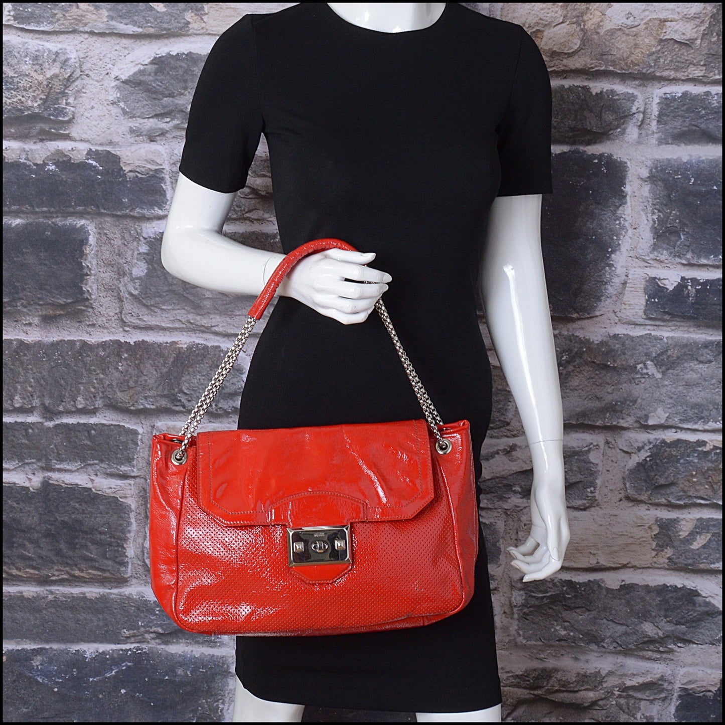 RDC14646 ALEXANDER MCQUEEN Red Patent Perforated Flap Bag