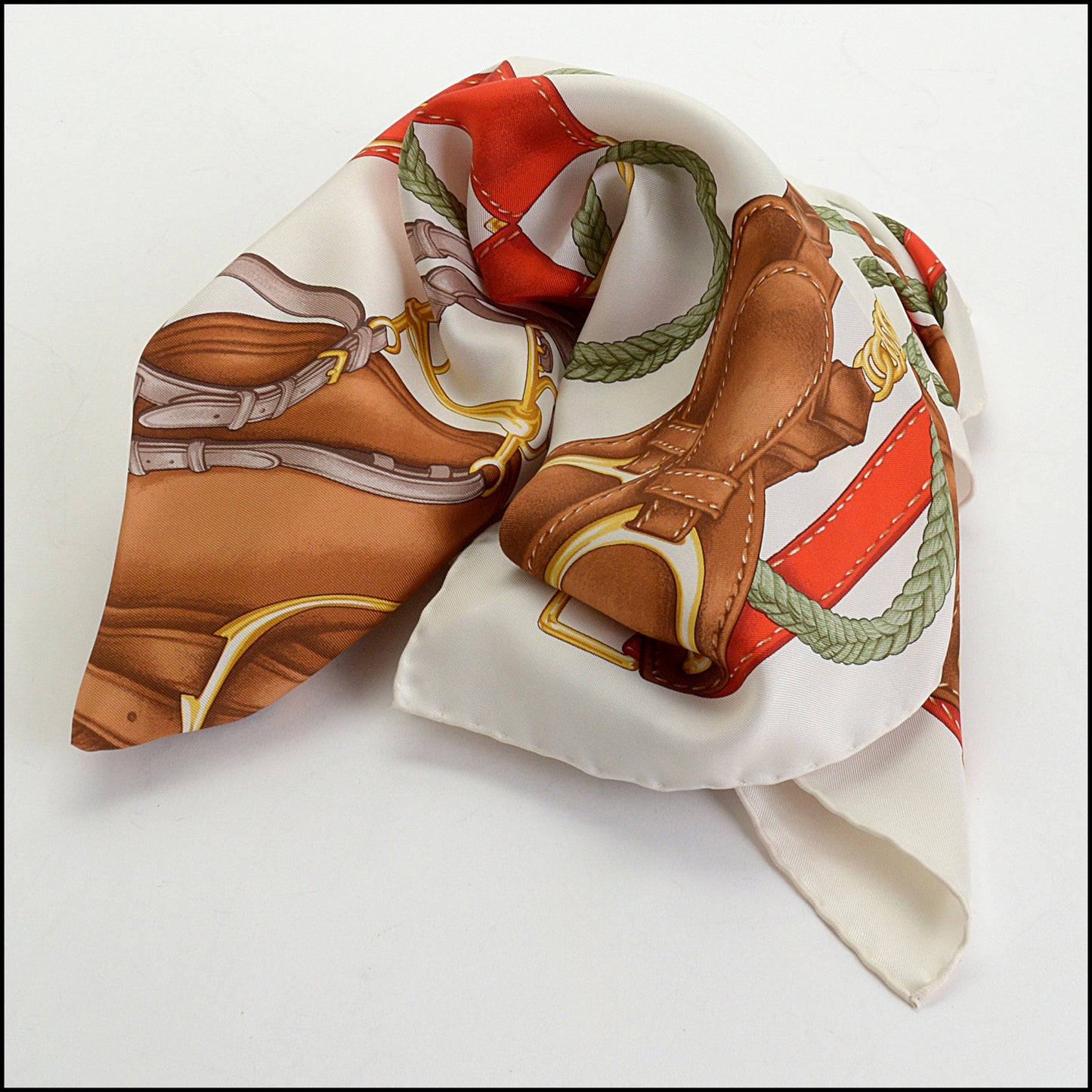 RDC14256 Authentic RALPH LAUREN Red/Multicolor Horse Saddle 90cm Silk Scarf