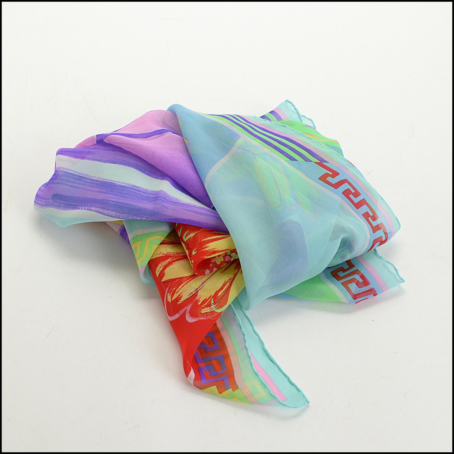 RDC14799 GIANNI VERSACE Vintage Greek Key Flowers Silk Chiffon Scarf