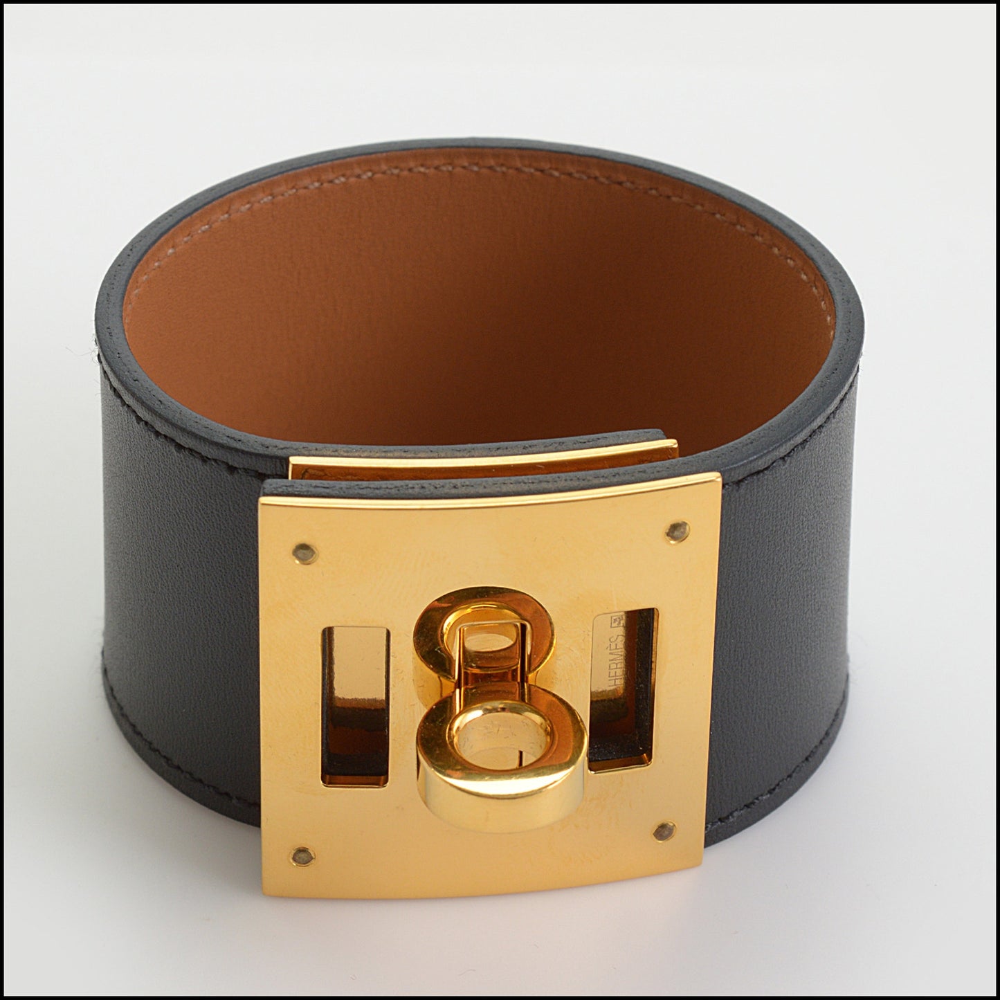 RDC14370 Authentic HERMES 2014 Black Leather Gold Hardware Kelly Dog Bracelet