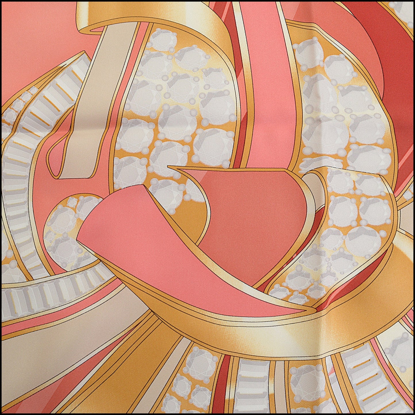 RDC14252 Authentic CARTIER Red / Beige / Gold Jeweled Ribbons 90cm Silk Scarf