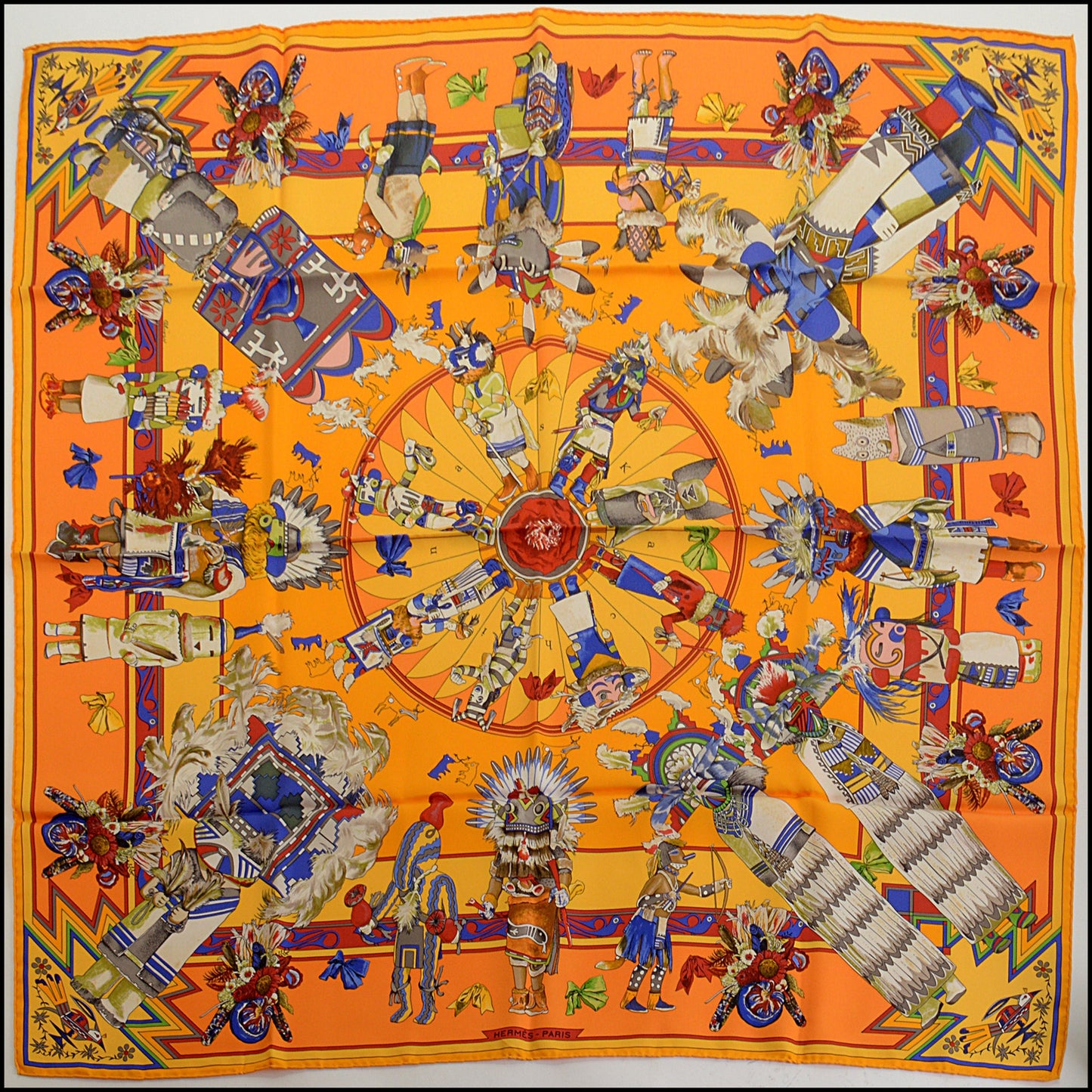 RDC14891 HERMES Vintage Saffron "Kachinas" 90cm Silk Scarf Kermit Oliver