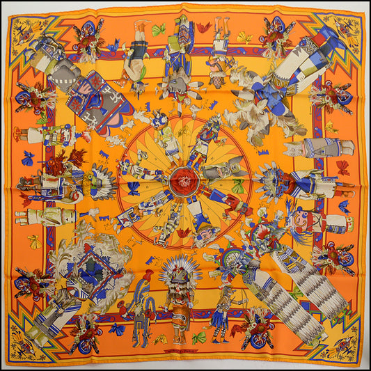RDC14891 HERMES Vintage Saffron "Kachinas" 90cm Silk Scarf Kermit Oliver