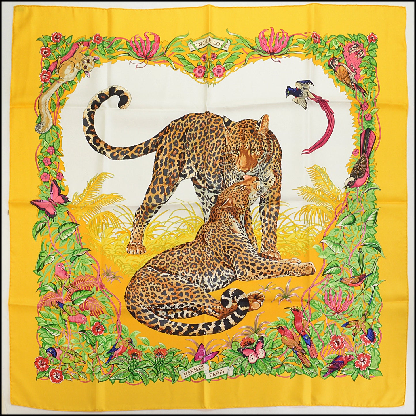 RDC14795 HERMES Yellow "Jungle Love" Leopards Silk Scarf 90