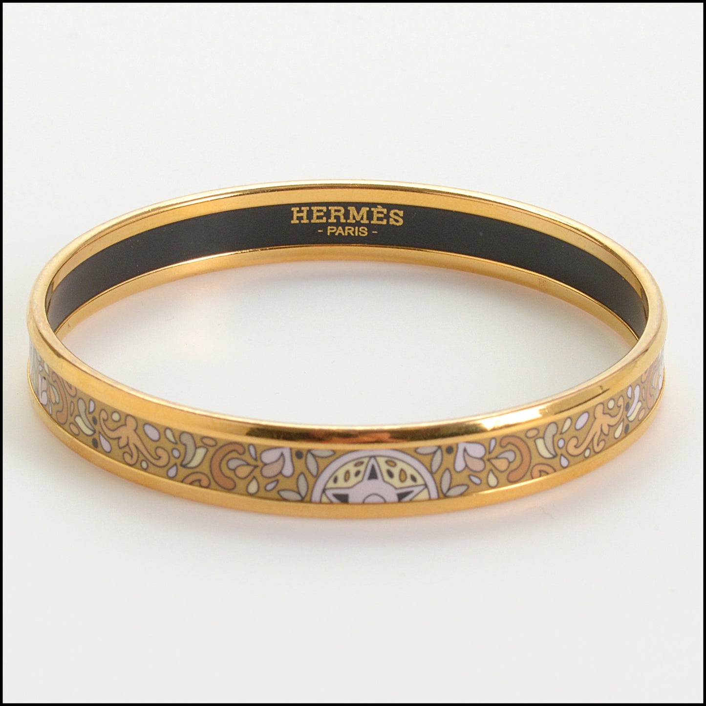 RDC14698 HERMES Gold Narrow Printed Enamel Bangle Size XS