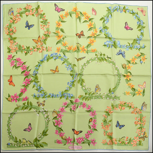 RDC14889 FERRAGAMO Light Green/Multi Gancini Floral Silk Scarf