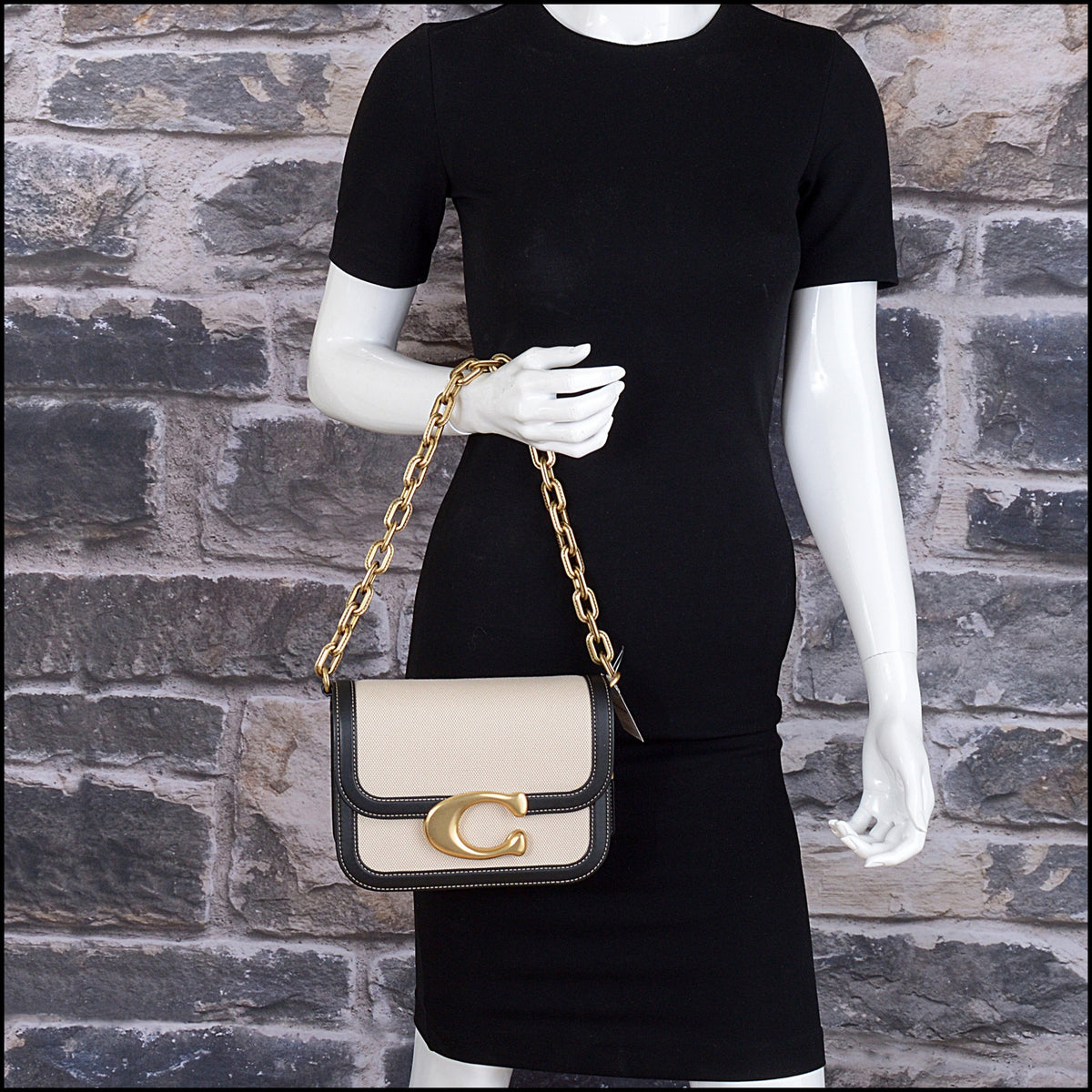 RDC15648 COACH Salt Stone Canvas/Black Leather Idol Bag
