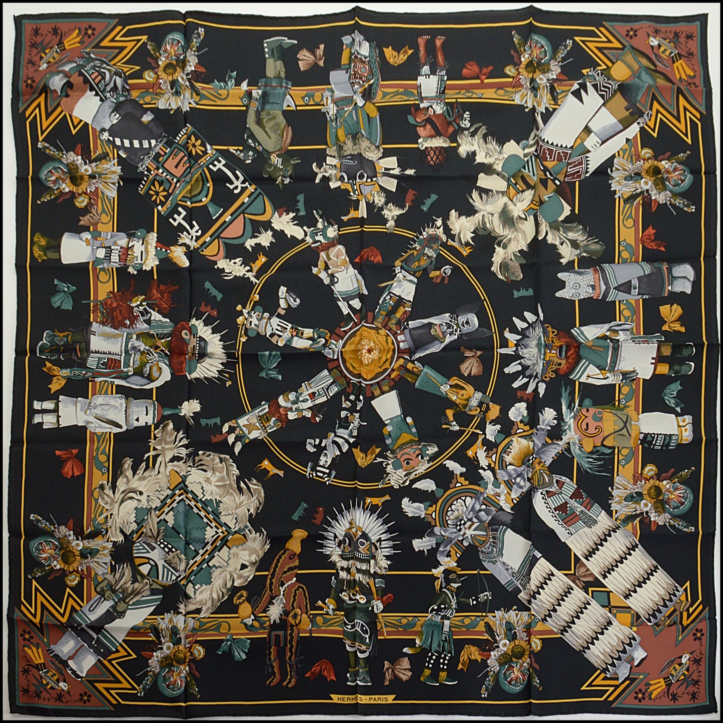 RDC14823 HERMES Black/White Kachinas 90 cm Silk Scarf Kermit Oliver