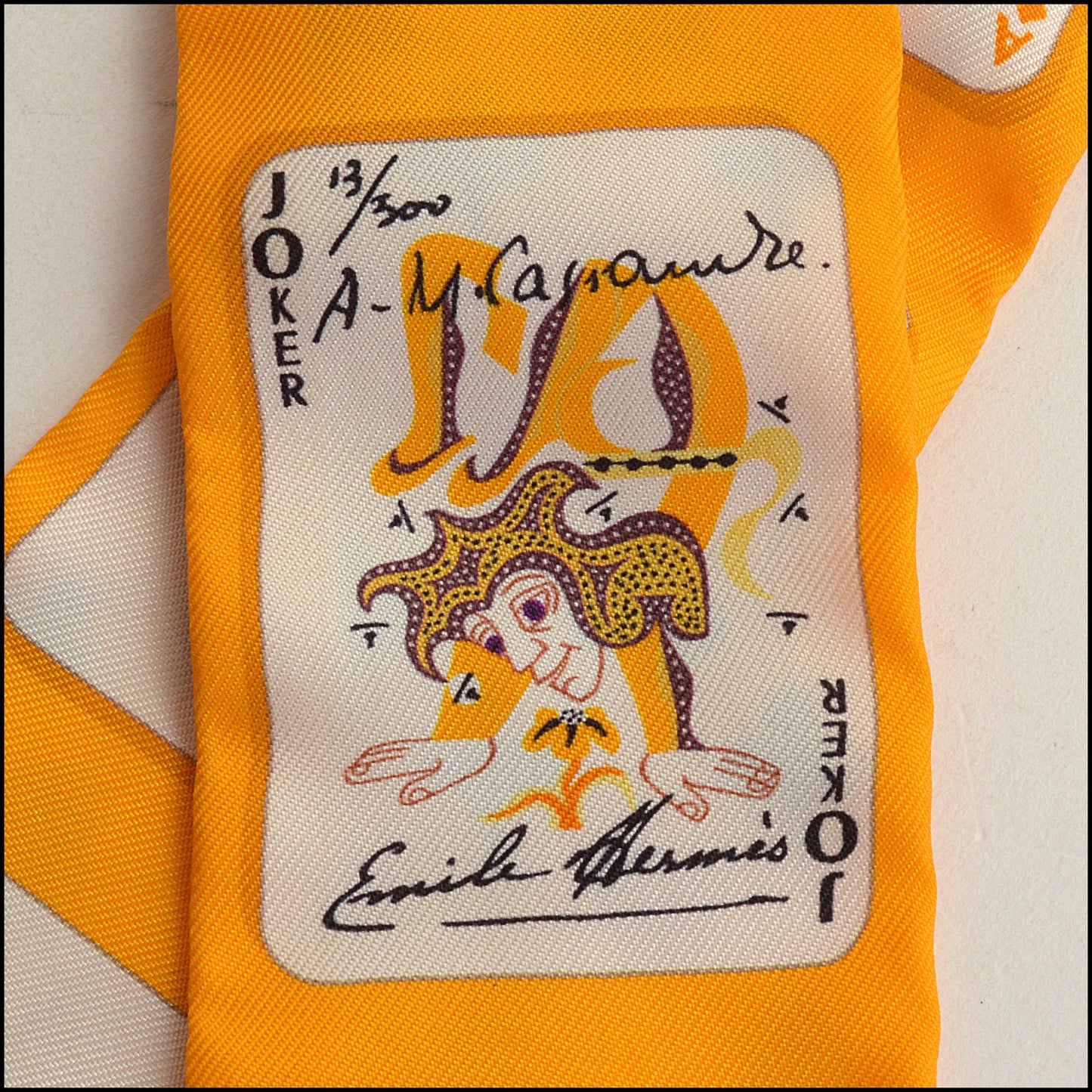 RDC14887 HERMES Jaune/Black/White "Jeu de Cartes" Silk Twilly Small Scarf