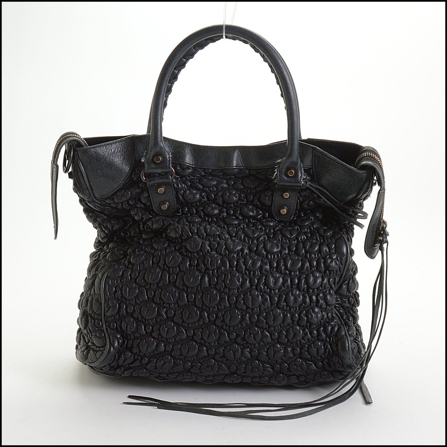 RDC14395 Authentic BALENCIAGA Black Smock Quilted Leather Morning Bag