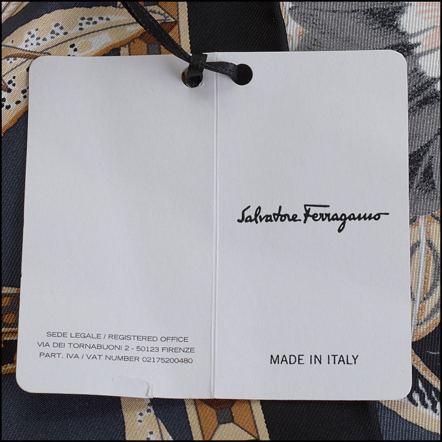 RDC14257 Authentic SALVATORE FERRAGAMO Black / Gold Flowers 90cm Silk Scarf